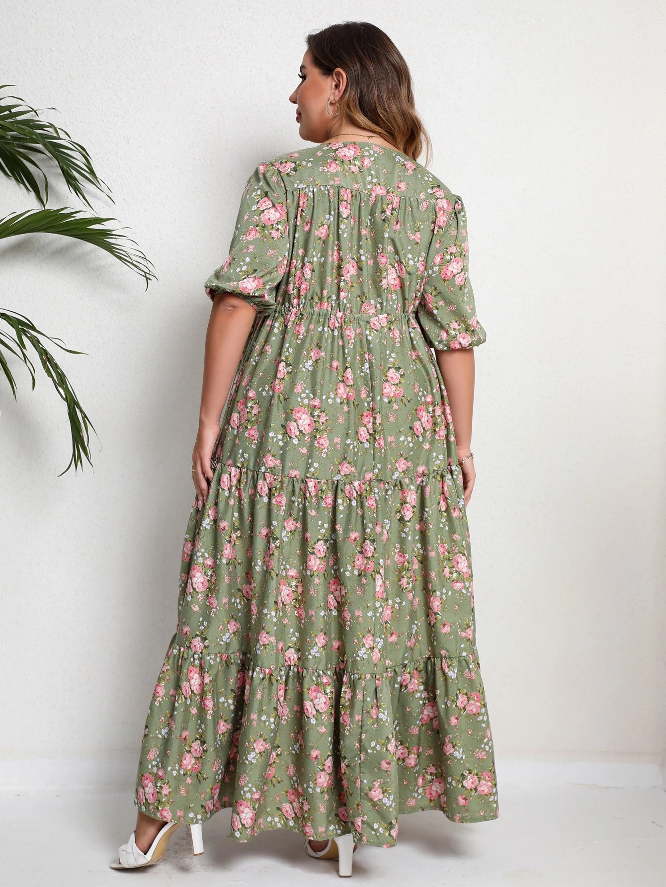 Plus Size Floral Print Half Sleeve Split Hem Maxi V Neck Long Dresses For Women