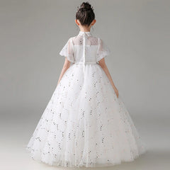 Child Girls Evening White Dress for Wedding Elegant Party Formal Sequin Long Dresses Puff Sleeve Birthday Frock Ball Gown