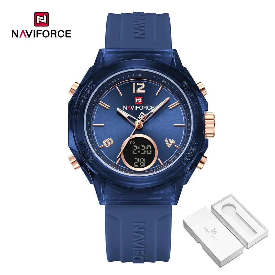 NAVIFORCE Luxury Women's Watch Gold Outdoor Sports Waterproof Watches Dual Time Display Quartz Wristwatches Rubber Digital Clock
