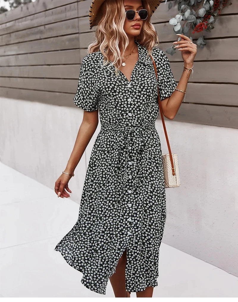 Summer Women Floral Print Dress Casual Short Sleeve Button Holiday Midi Dresses