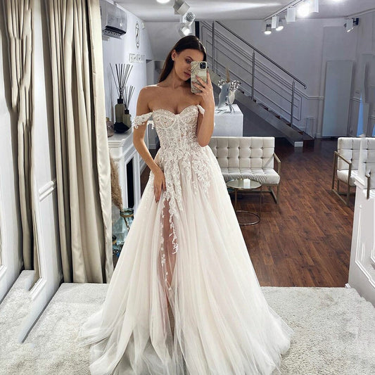 White Bridesmaid Dresses: Wedding Dresses Crystal Beading Off the Shoulder Lace