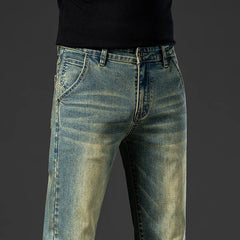 Retro Men's Stretch Straight Jeans Washed Fashion Distressed Baggy Denim Trousers