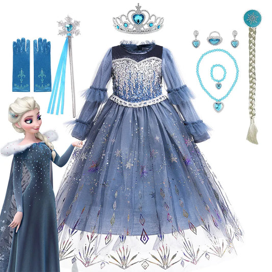 2 4 6 8 10 Yrs Girls Princess Elsa Ball Gown Disney Frozen Snow Queen Party Dress Children Carnival Halloween Christmas Frocks