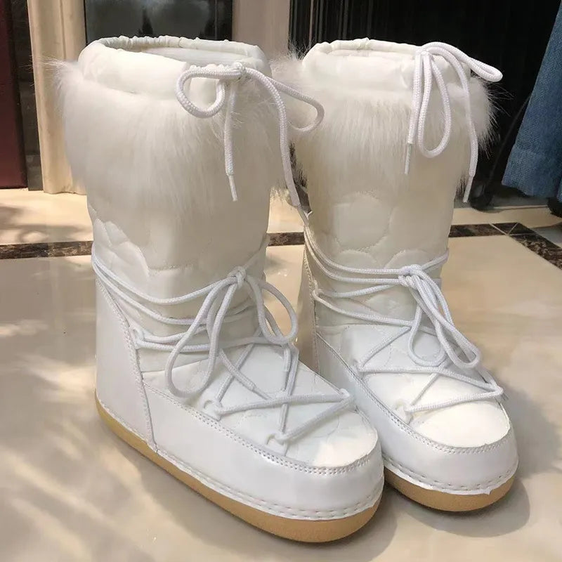 Winter Snow Boots Women Ski Boots Fluffy Hairy Lace Up Middle Calf Platform Flat