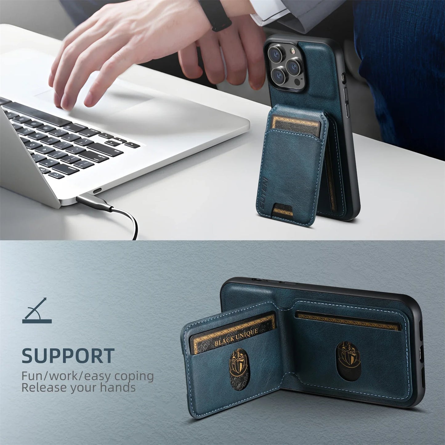 SUTENI Luxury Leather Card Holder Phone Case Wallet Kickstand Cover For iPhone 17 16 15 14 13 12 11 Pro Plus Max X Xs XR