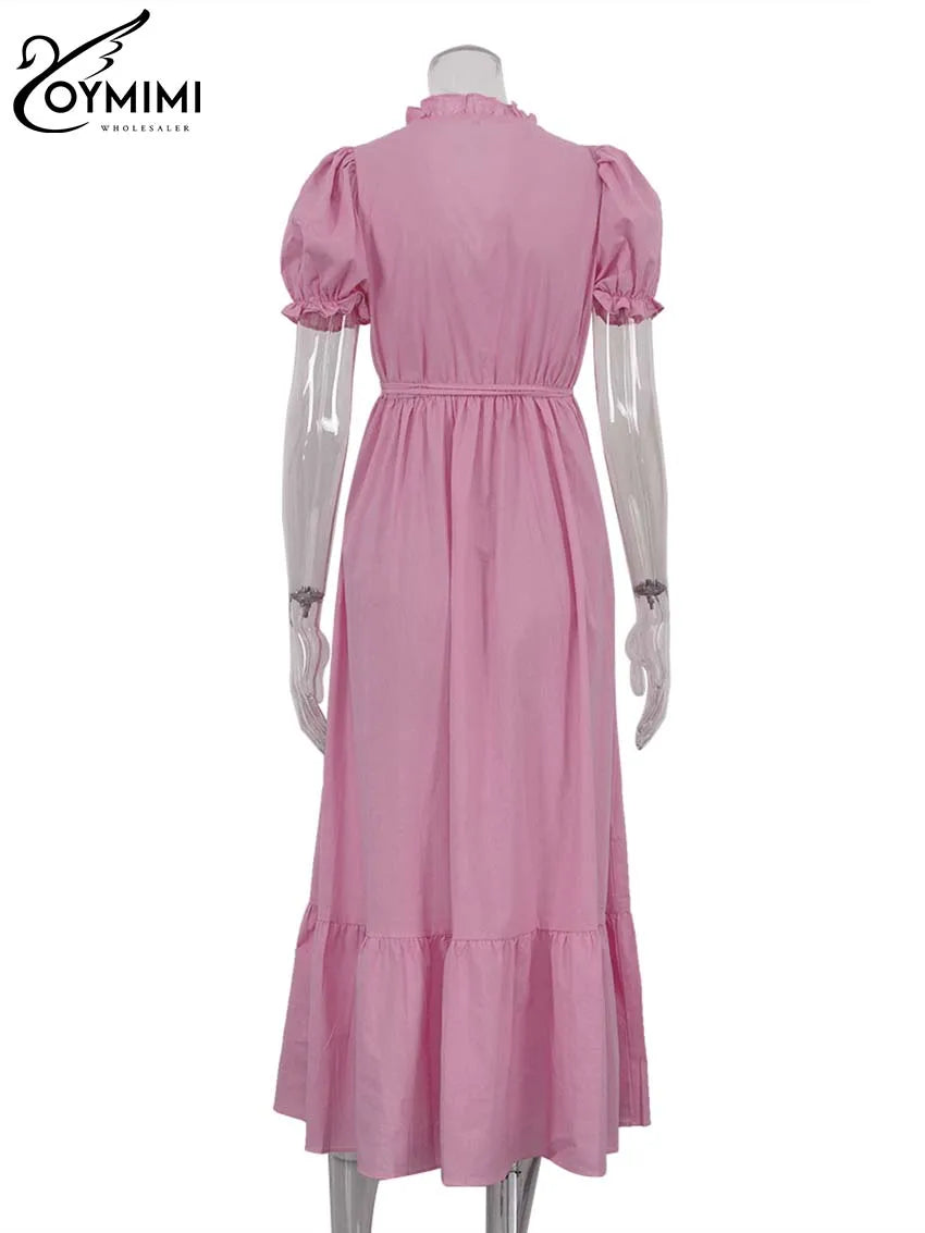 Oymimi Elegant White Cotton Womens Dresses Fashion Short Sleeve V-Neck Lace-Up Dresses Summer Loose Ankle-Length Dress Female