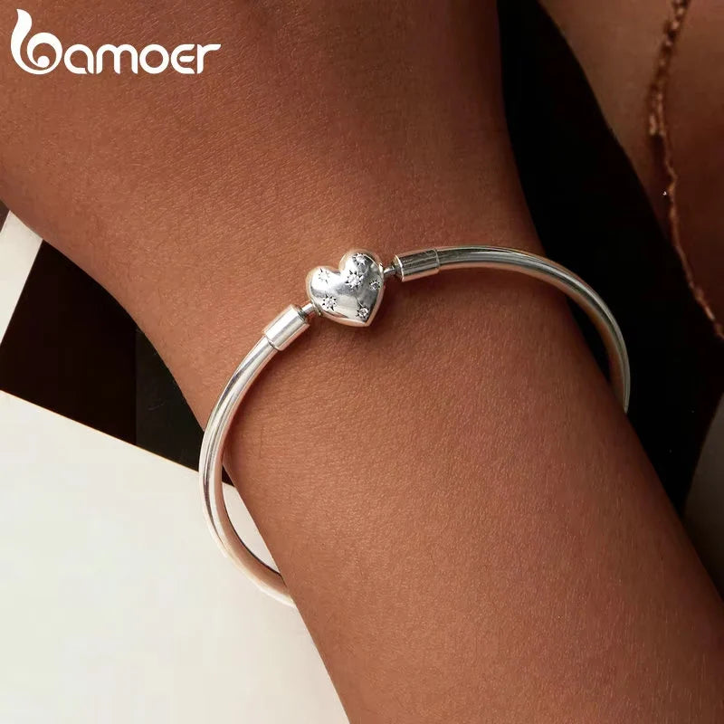 BAMOER Genuine 925 Sterling Silver Charm Glossy Bracelet Heart/Shell Clasp Basic Bangle Star Spacer Beads for Women DIY Jewelry