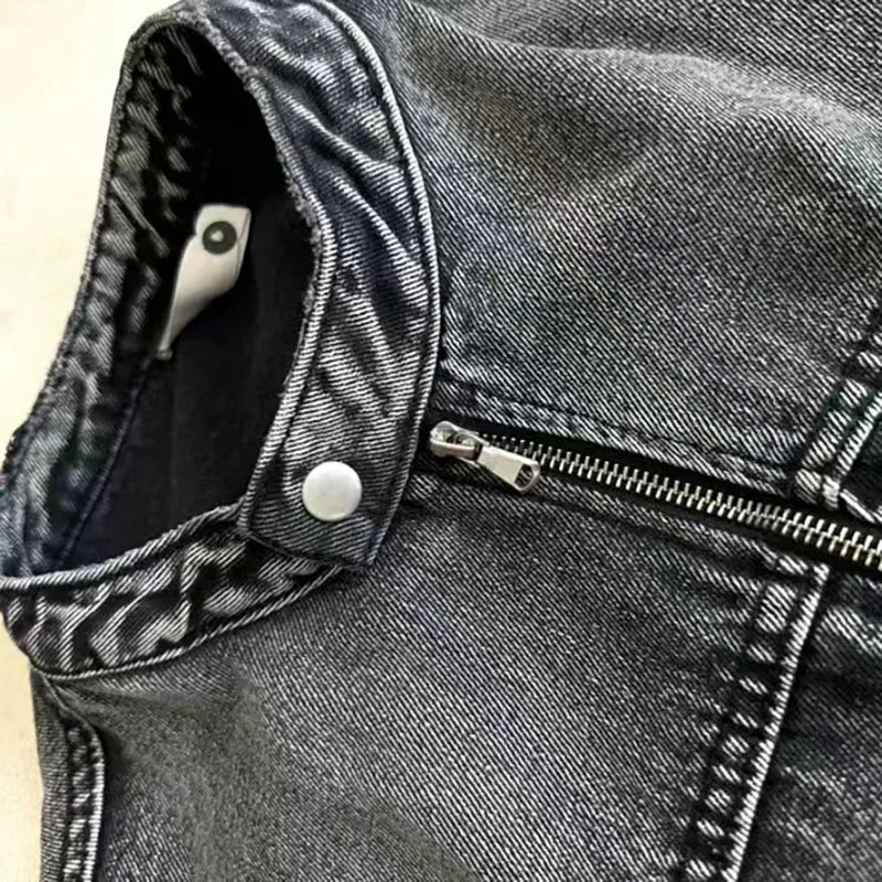 American Retro Industry Short Denim Jacket Men Loose Washed Wear Zipper Racing Coats