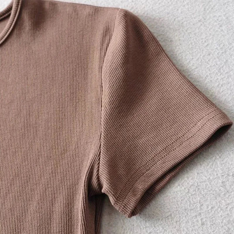 Casual Summer Woman Skinny Fit T-shirt Tight Short-Sleeve O-neck Tee Basic Solid Crop Tops T Shirt