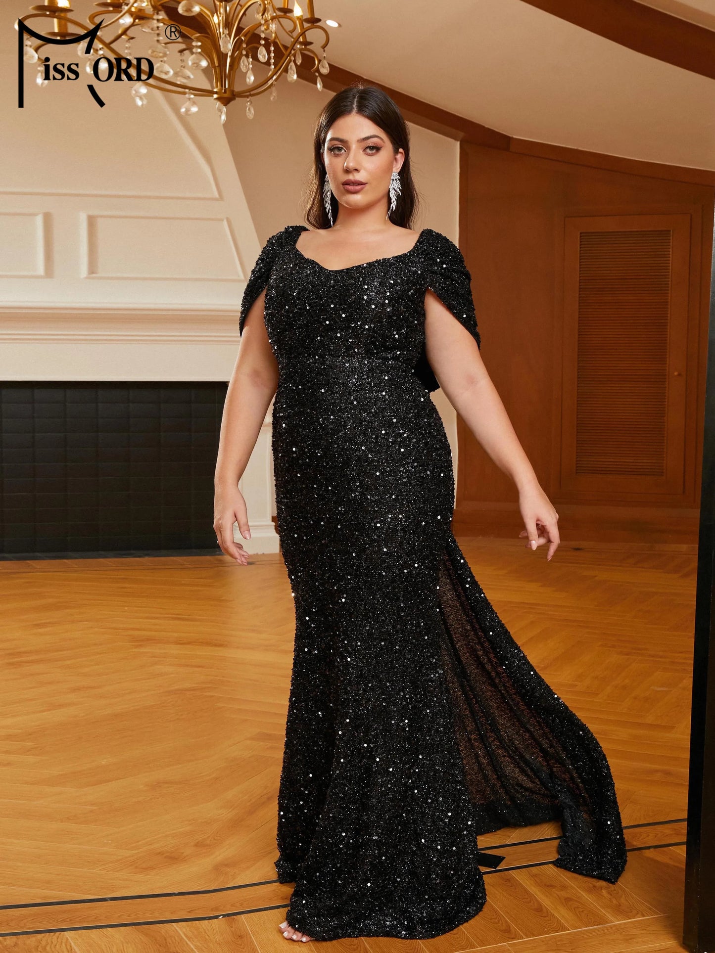 Missord New Plus Size Black Draped V-neck Short Sleeved Sequin Mermaid Evening Floor Length Dress