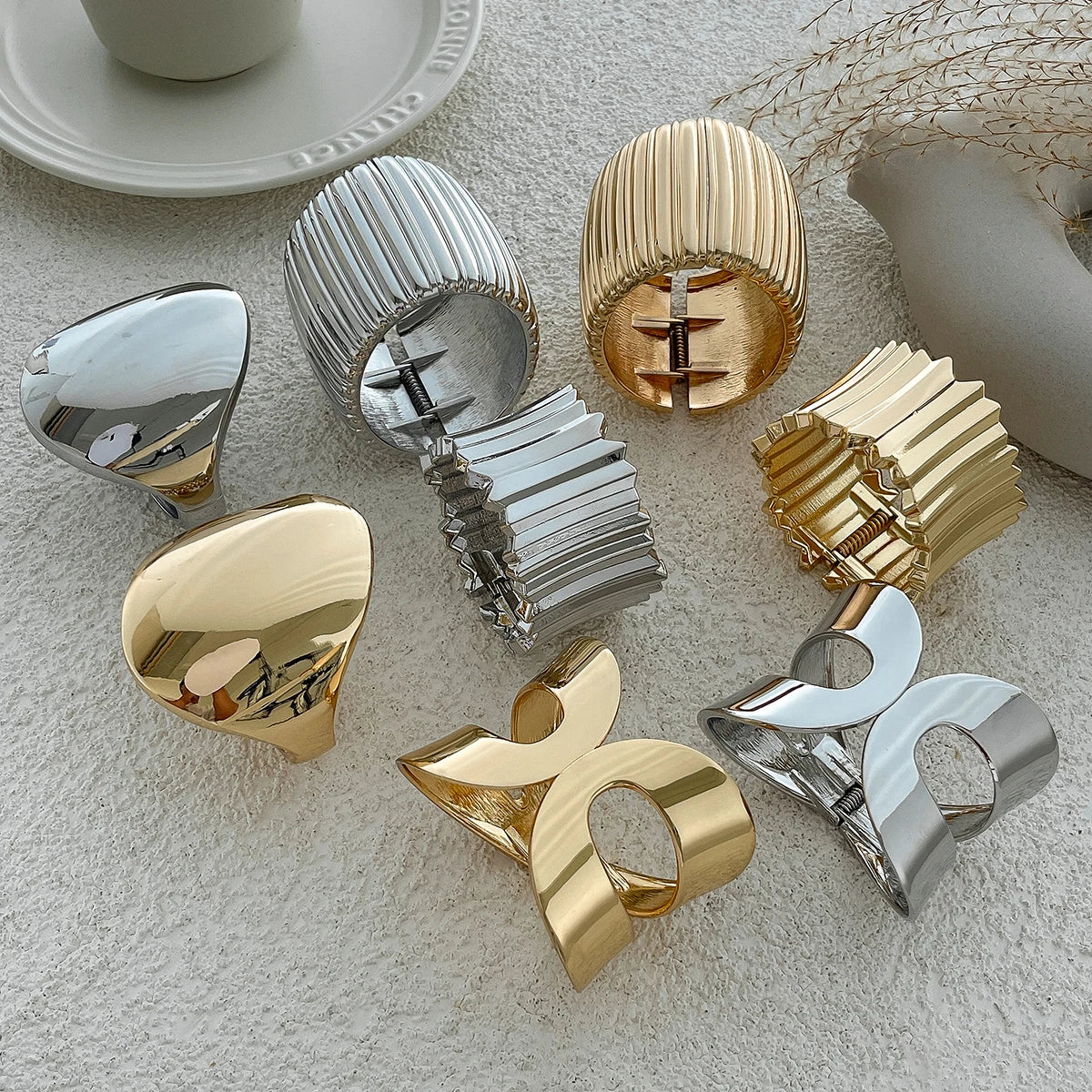 KunJoe Fashion Design Smooth Gold Color Chunky Spring Bangles for Women Exaggerated Geometric Wide Open Cuff Bracelet Unisex Men