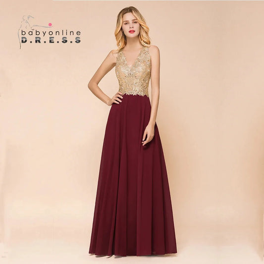 Homecoming Dresses: Gold Appliques Prom Formal Dresses for Women Wedding Party