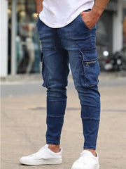 Men's Slim Fit Stretch Jeans Casual Fashion Multi Pocket Cargo Denim Pants