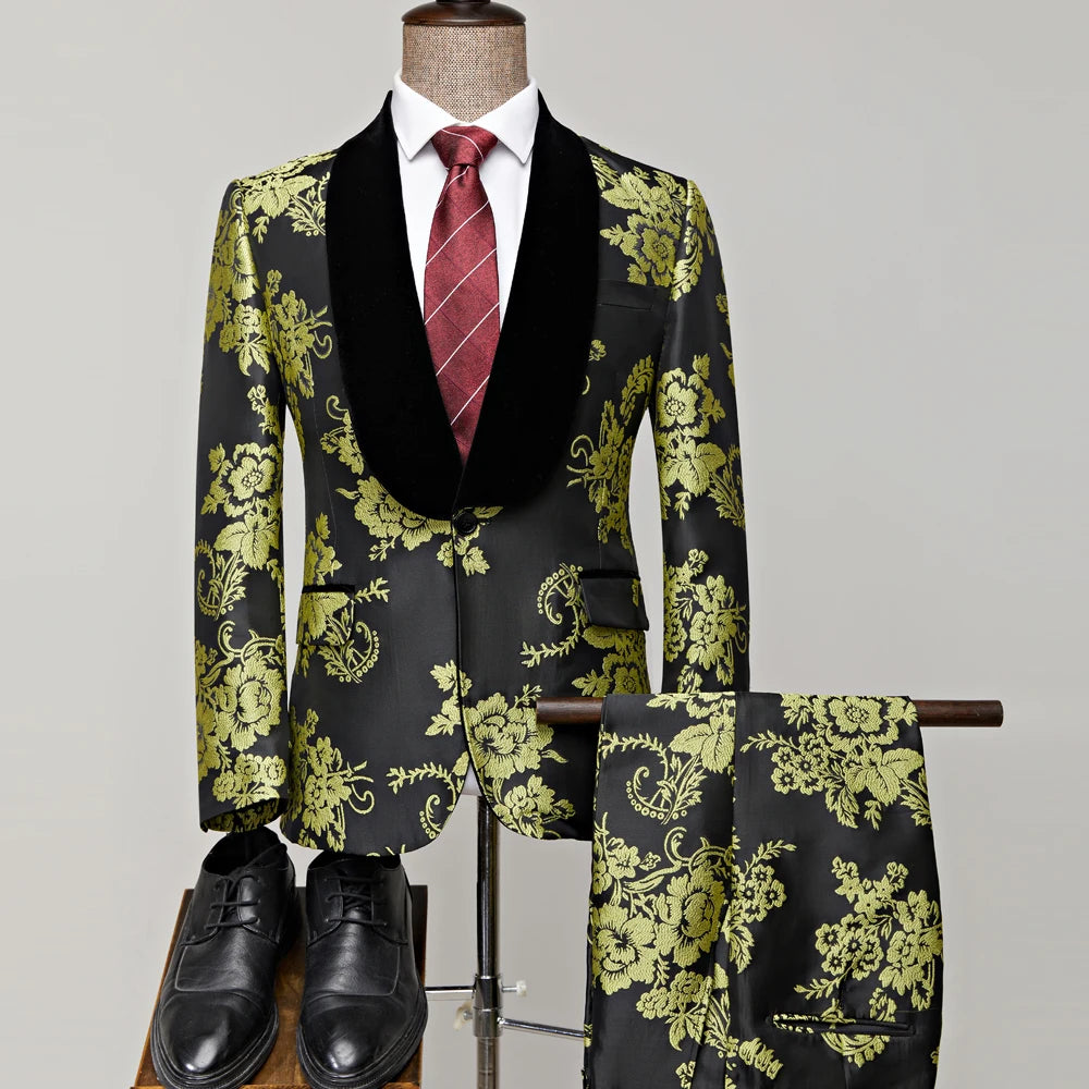 Tuxedo for Mens: Coat Pant Slim Fit Party Wedding Suits For Men Green Yellow