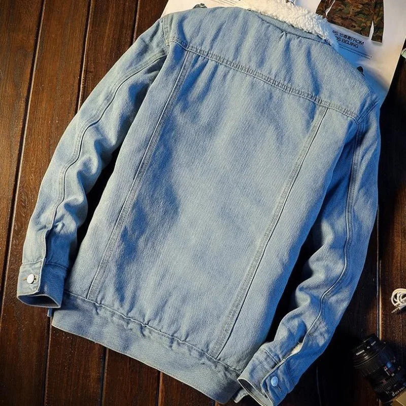 Autumn Winter Male Fashion Trend Lamb Fleece Denim Jacket Men Casual  Jean Coats