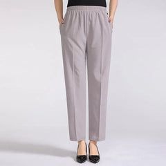 Women Summer Silk Comfortable High Waist Elastic Long Ladies Pants