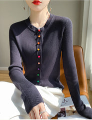 Women's 100% Merino Wool Sweater Round Collar Colorful Buckles Slim Fit Cardigan