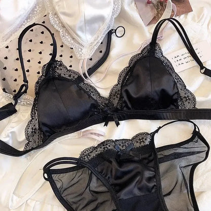 French Simple Lace Non-Underwire Triangle Cup Thin Bra Big Chest Small Top