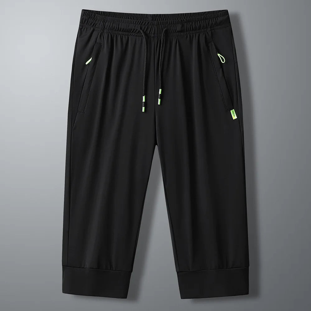 2024 Black Summer New Running Loose Ice silk Zipper Pocket Seven Quarter Pants Men Thin Casual Beach Over Knee Straight Shorts