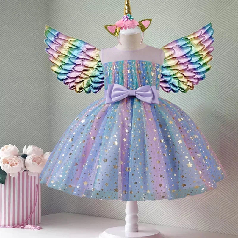Kid Girl Unicorn Tutu Dress Children Rainbow Wedding Birthday Party Princess Dress Halloween Unicorn Performance Cosplay Costume