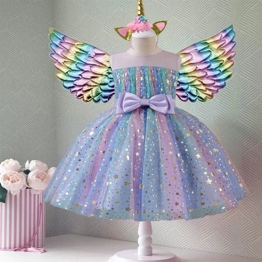 Kid Girl Unicorn Tutu Dress Children Rainbow Wedding Birthday Party Princess Dress Halloween Unicorn Performance Cosplay Costume