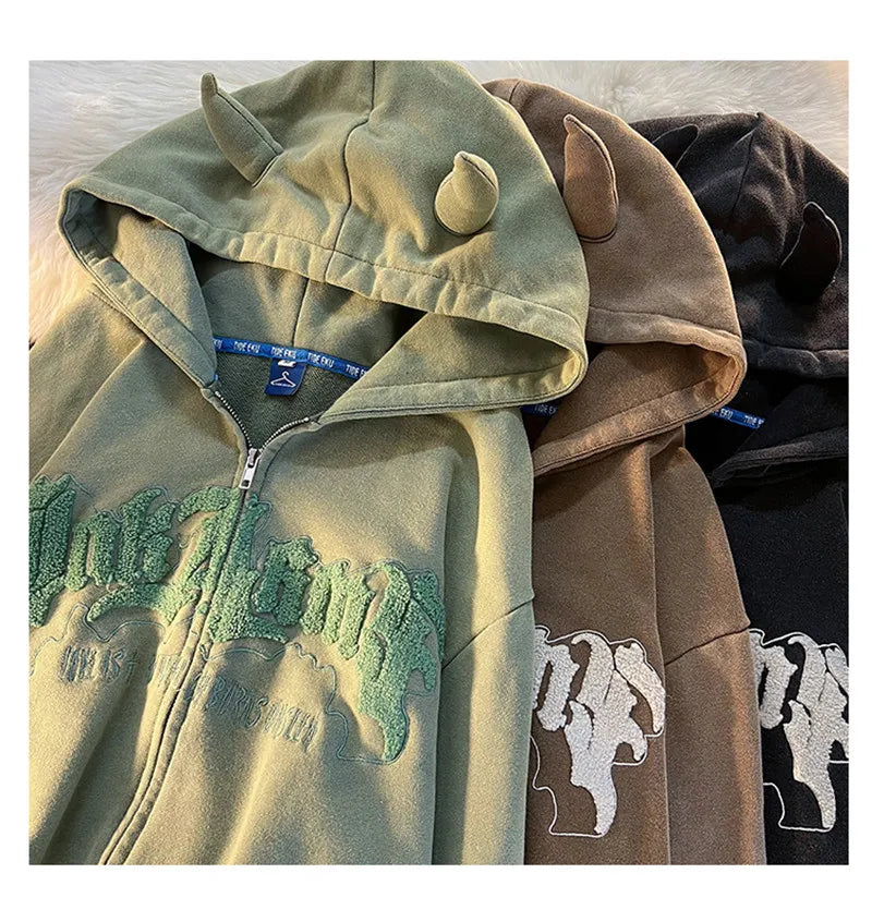 Zip UP Hoodie Grunge Women Men Autumn Embroidery Letter Long Sleeve Gothic Hooded