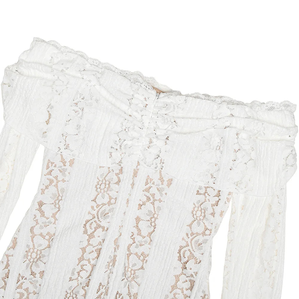 Oligai Lace Slim Mini Dress for Women Off The Shoulder Sexy Long Sleeves Club Party Dresses Bodycon Elegant Autumn Dress