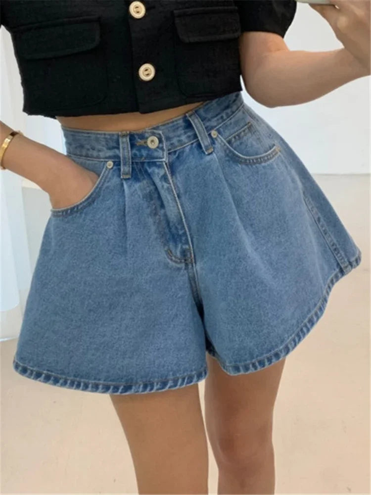 REALEFT 2024 New High Waist Washed Women's Denim Wide Leg Shorts Summer Buttons Casual Female Blue Jeans Trouses Pockets
