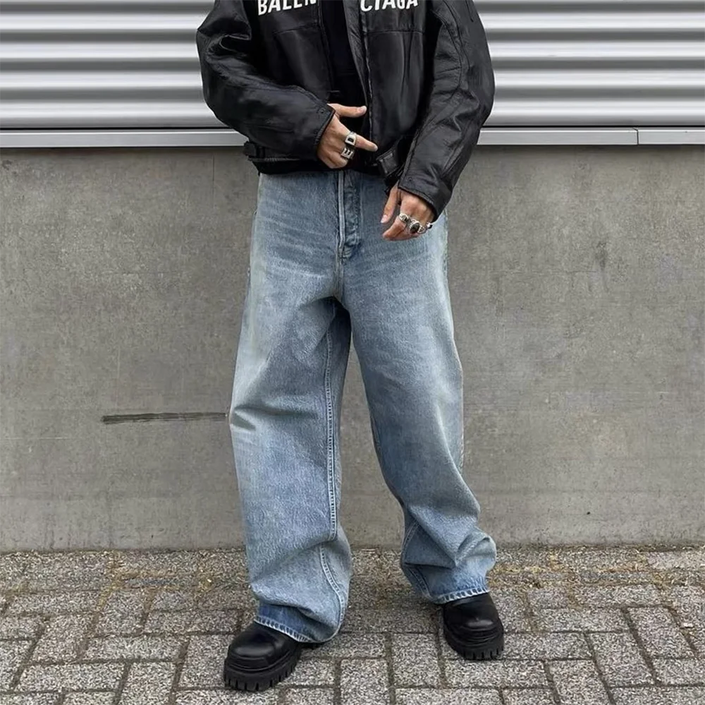 High Street Washed Blue Wide Leg Baggy Jeans for Men and Women Straight