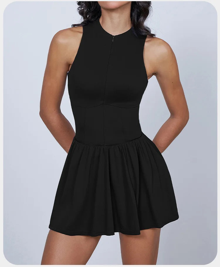 BIANHUI Women's Summer Sundress Fake Two-Piece Stand Collar Dress Running Anti-Exposure Base Layer A Flared Tennis Skirt
