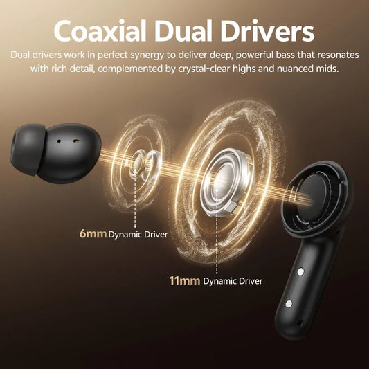 QCY MeloBuds N60 Wireless Bluetooth 6.0 Earphones Hybrid ANC Headphone LDAC Hi-Res Audio with Coaxial Dual Driver Earbuds 45Hrs