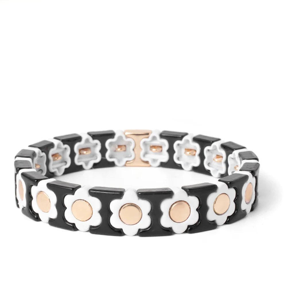 New Design Colorful Flower Charms Bangle For Women Handmade Bohemian Elastic Flower Bracelets Metal Beads Jewelry