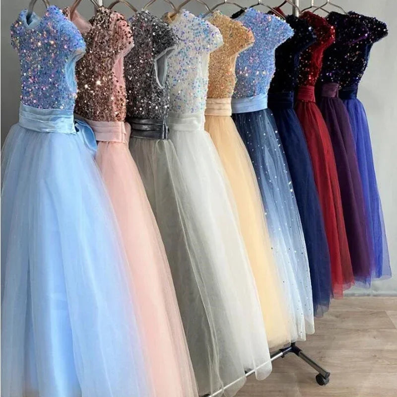White Dress Long Sleeves Sequin Princess Pageant Birthday Party Dresses for First Communion Gown Flower Girl Dresses for Wedding