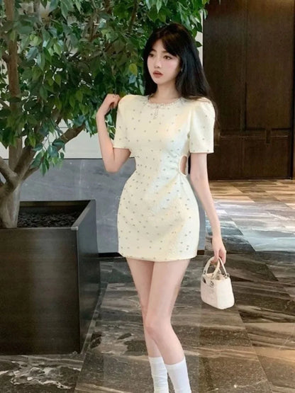 French Temperament Diamond Hollow Out Dress Women Round Neck Bow Bubble Sleeve Slim Summer Chic Korean Lady Gentle Party Wear