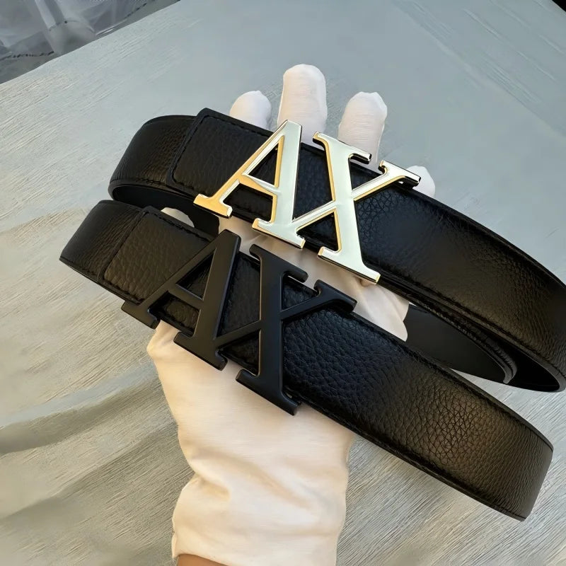 2026 Designer Men's Belt - AX Letter Buckle, 3.8cm Wide, Lychee Pattern, Plain Weave, High-End Fashion, Premium Leather Waistban