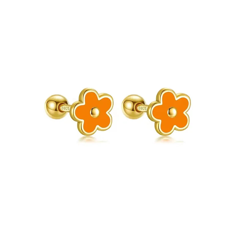 WANTME 925 Sterling Silver Romantic White Enamel Flower Screw Bead Stud Earrings for Women Fashion Simple Piercing Jewelry Gift