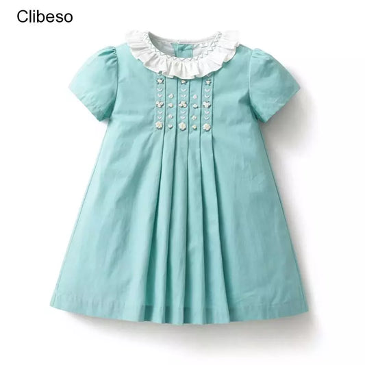 Baby Girls Hand Made Embroidery Dress Children Short Sleeve Frock Ruffle Collar