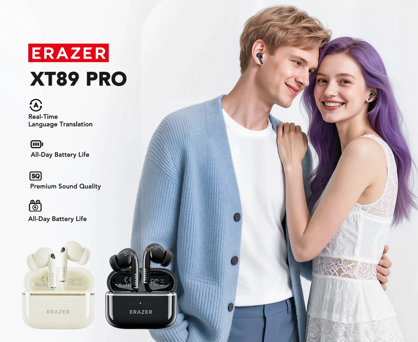 AI Translator Earbuds Erazer XT89PRO Bluetooth Earphones Game Low Latency Wireless Headphones In-Ear Noise Reduction Softpads