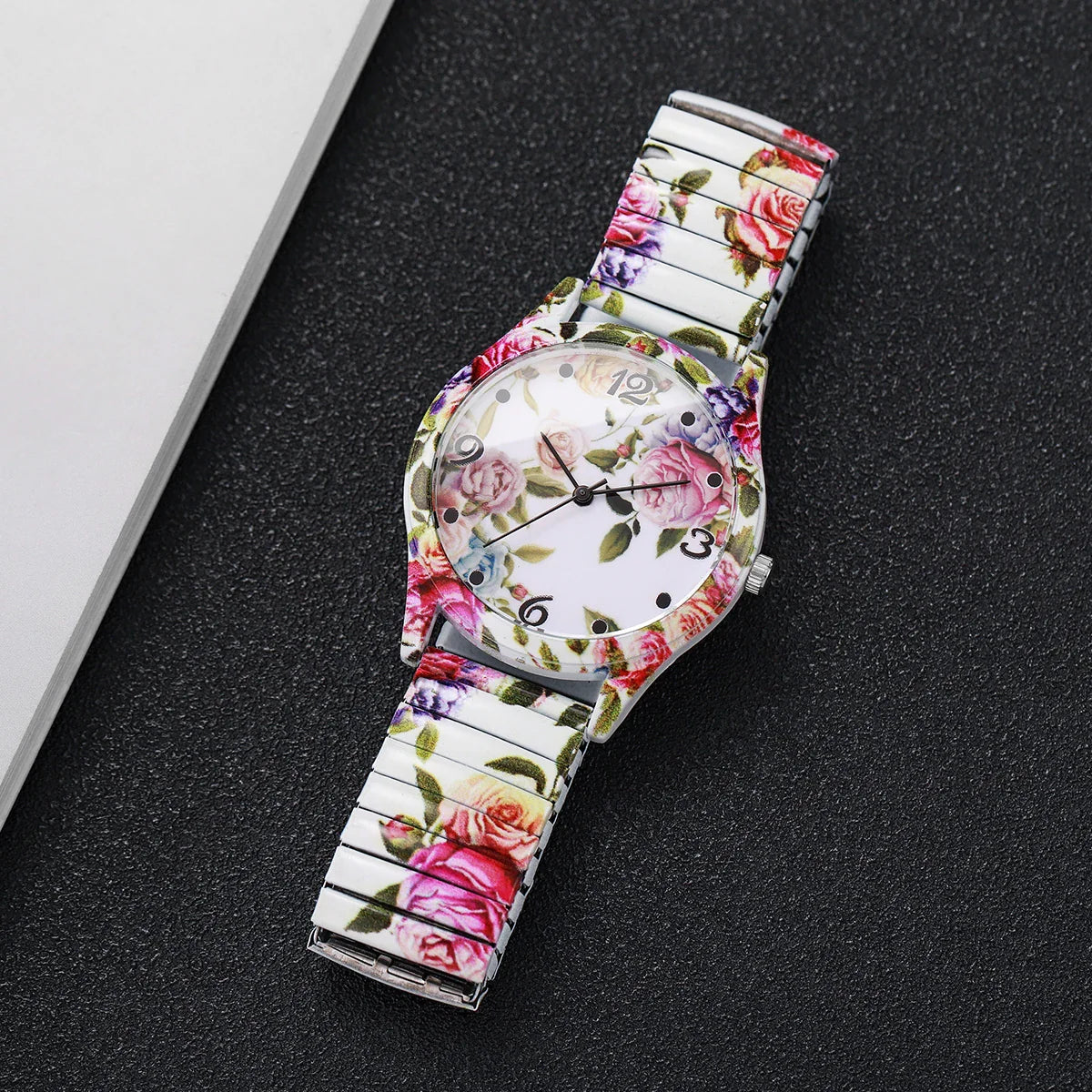 2/3PCS Fashion Flower Printed Women Quartz Wristwatches Set Ladies Casual Elastic Strap Arabic Dial Watch（Without Box）
