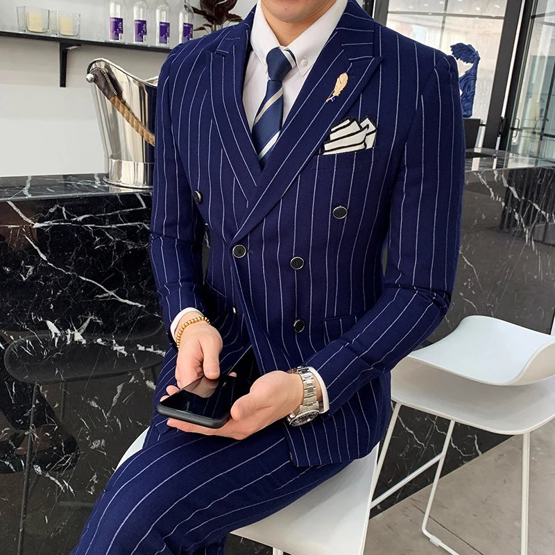 Tuxedo for Mens: Men's Striped Wedding Casual Tuxedo Men's British Slim Suit 2pcs