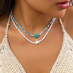 Layered Small Seed Beads Chains with Starfish Turtle Choker Necklace for Women