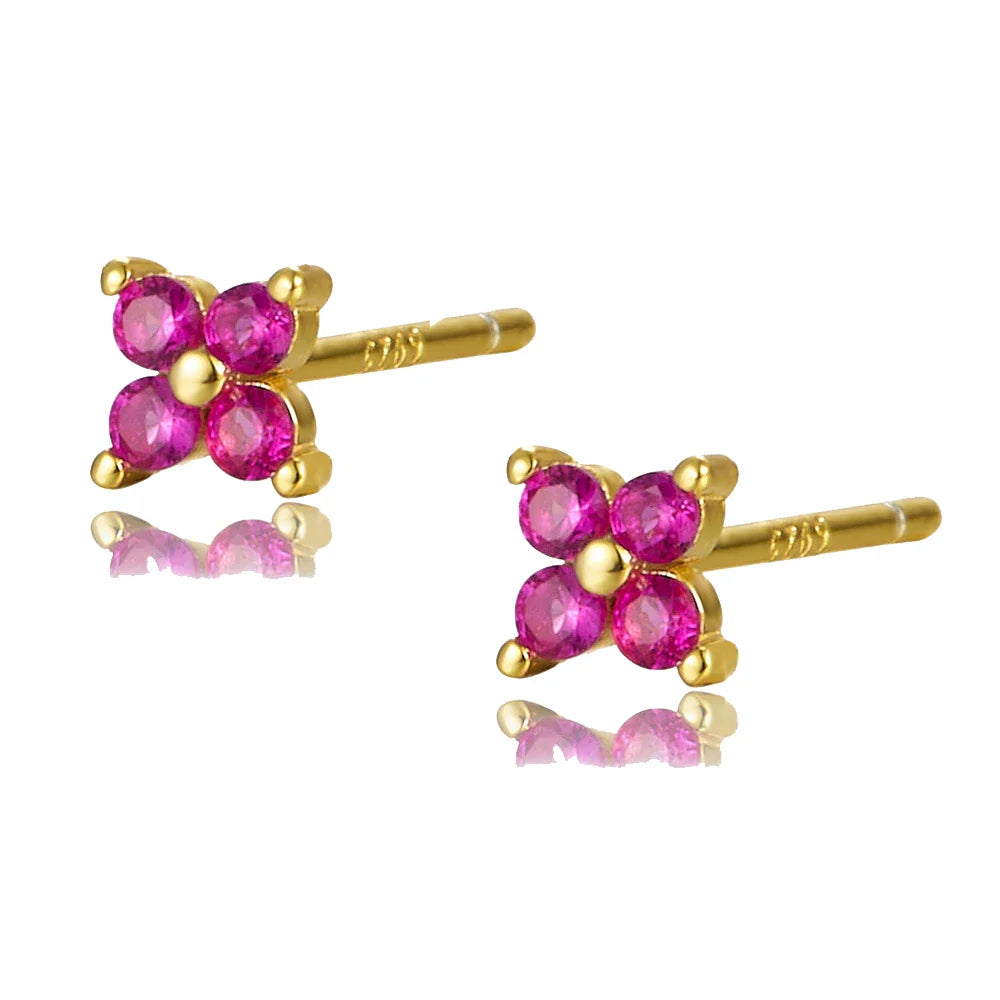 WANTME 925 Sterling Silver Romantic Color Zircon Three-petal Flower Stud Earrings for Women Fashion Huggies Piercing Jewelry