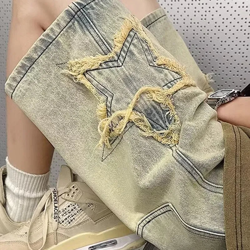 Star Patchwork Yellow Clay Color Jeans Summer Men Denim Shorts Trendy Streetwear Five-point Pants Straight Jeans Shorts