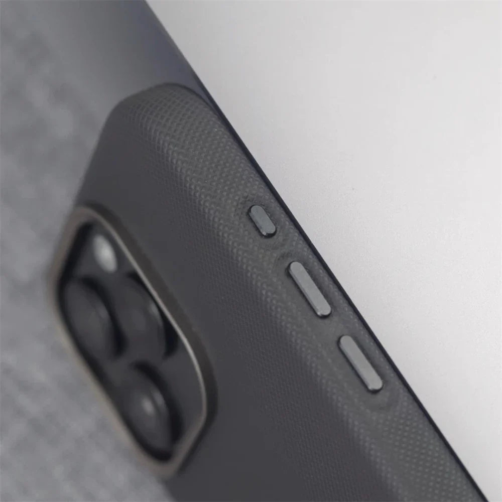 Luxury Alloy Lens Frame Particle PU Leather Magnetic Case For iPhone 17 16 Pro Max 15 14 13 For Magsafe Wireless Charging Cover