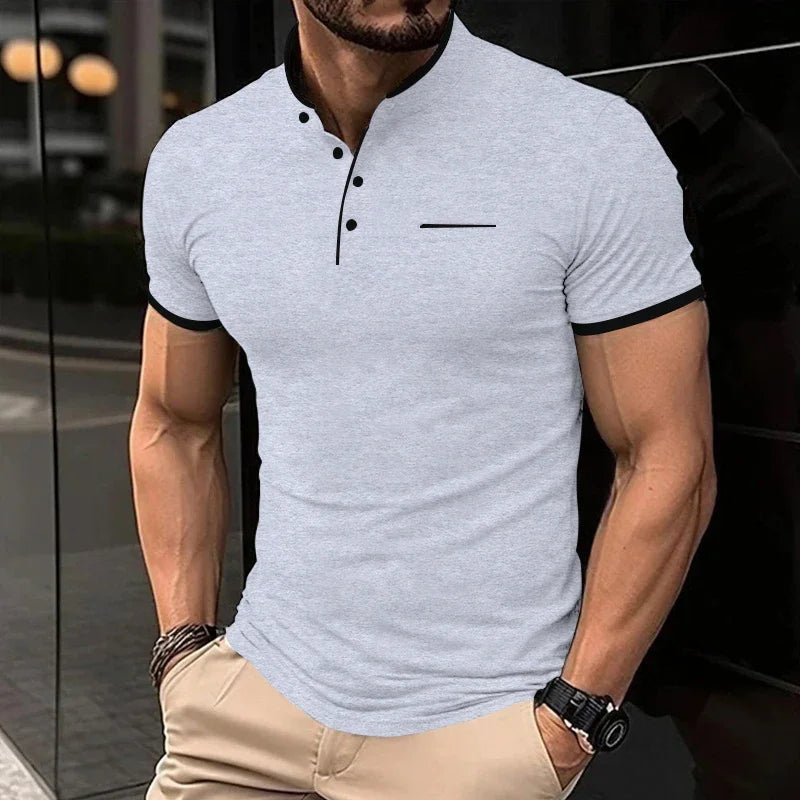 2025 New Men's Casual and Fashionable Solid Color Short Sleeved Stand Up Collar T-shirt Summer Versatile and Comfortable Top