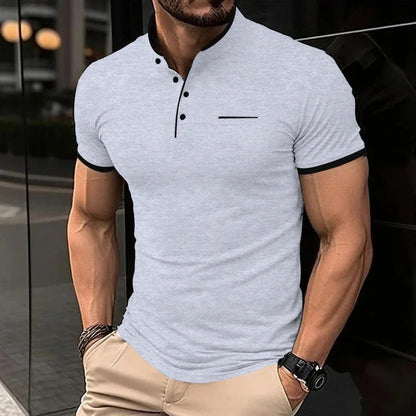 2025 New Men's Casual and Fashionable Solid Color Short Sleeved Stand Up Collar T-shirt Summer Versatile and Comfortable Top