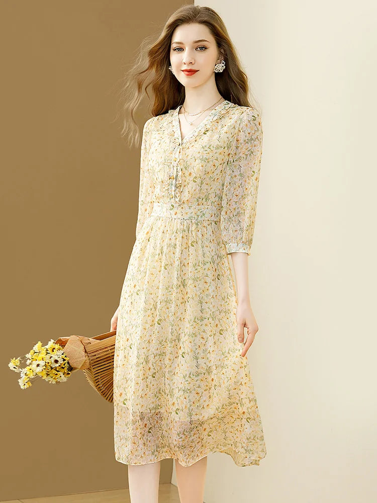 EVNISI Elegant Floral Printing Women Chiffon Dress V-Neck Casual Office A-line Dresses Slim Apricot For Women Party Vestido 2024