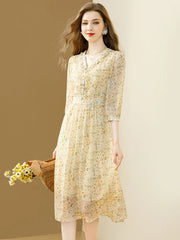 Elegant Floral Printing Women Chiffon Dress V-Neck Casual Office A-line