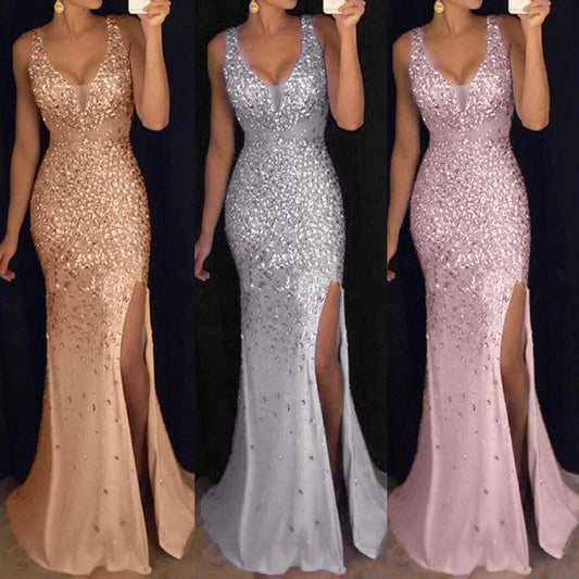 Evening Dresses: Women Elegant Sequins Long Evening Dress V Neck Split Glitter