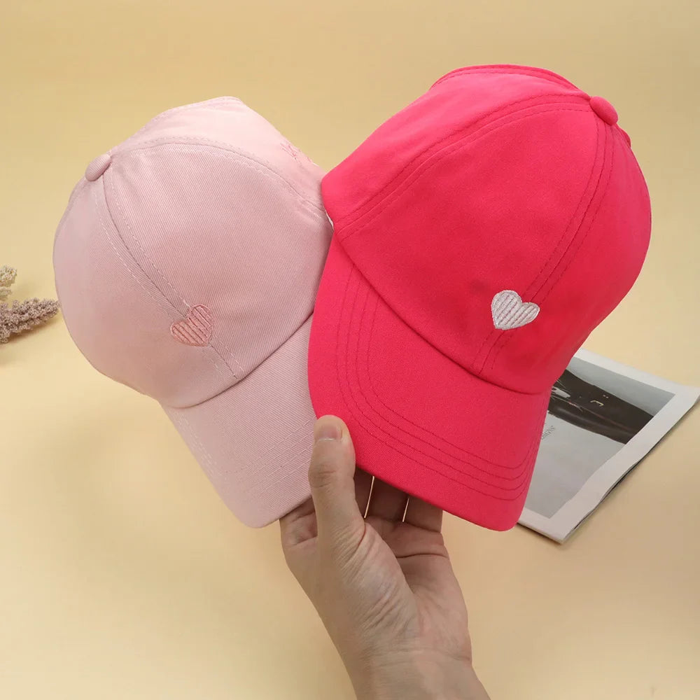 Kids Baseball Caps for Boys Girls Sun Hat Love Heart Hollow High Ponytail Caps Children Adjustable Baseball Caps for 4-12 Years